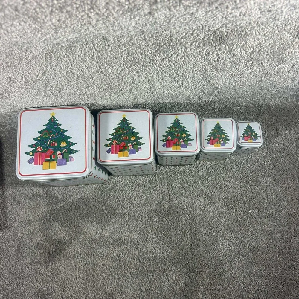 Nesting Christmas Tins White Green Red Holiday Storage Set‎ of 5